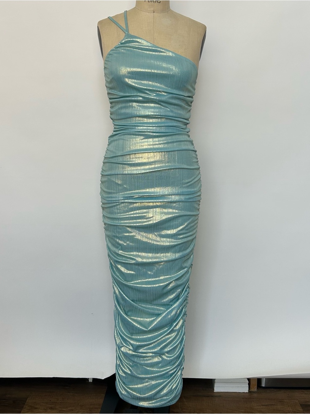 One-Shoulder Shimmer Ruched Maxi Dress in Aqua